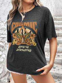 SHEIN EZwear Áo thun Plus size Lá thư Loại bướm Giải trí - Màu xám đen - Xem 4