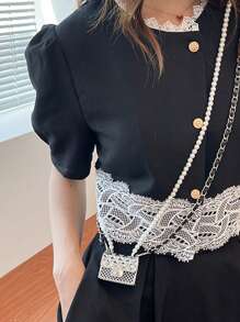 迷你翻蓋方包珍珠裝飾金屬質感前衛 - 銀色 - 查看 2