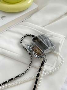 迷你翻蓋方包珍珠裝飾金屬質感前衛 - 銀色 - 查看 3