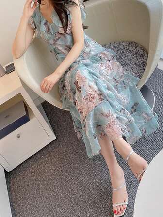 DAZY Vestido con estampado floral ribete con fruncido