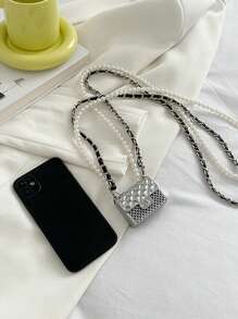 迷你翻蓋方包珍珠裝飾金屬質感前衛 - 銀色 - 查看 5