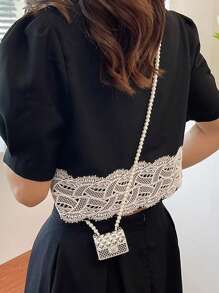 迷你翻蓋方包珍珠裝飾金屬質感前衛 - 銀色 - 查看 6