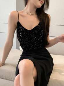 DAZY Áo hai dây đính sequin, áo tank top dự tiệc, áo lễ hội, áo năm mới, áo lễ hội dành cho nữ. - màu đen - Xem 3