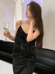 DAZY Áo hai dây đính sequin, áo tank top dự tiệc, áo lễ hội, áo năm mới, áo lễ hội dành cho nữ. - màu đen - Xem 4