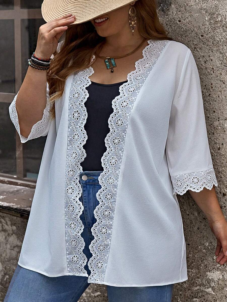 EMERY ROSE Plus Scallop Trim Open Front Kimono - White - View 1