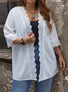 EMERY ROSE Plus Scallop Trim Open Front Kimono - White - View 4