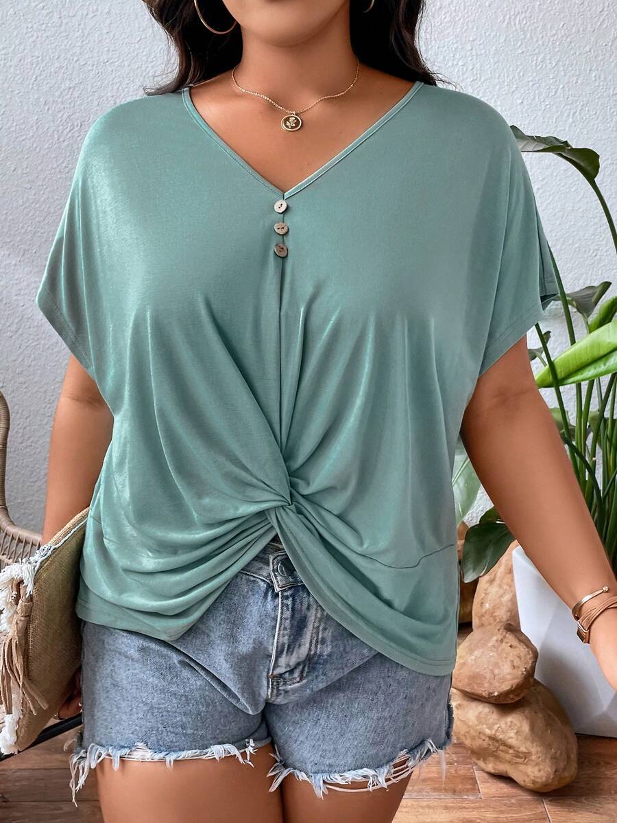 SHEIN LUNE Áo thun Plus size xoắn lại màu trơn Giải trí - màu xanh lá - Xem 1