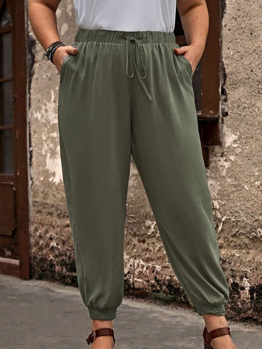 EMERY ROSE Quần Plus Size Dây kéo Thắt nút Túi màu trơn Giải trí - xanh quân đội - Xem 1