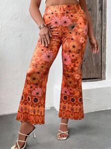 SHEIN SunnyBelle Plus Floral Print Flare Leg Trousers - Orange - View 1