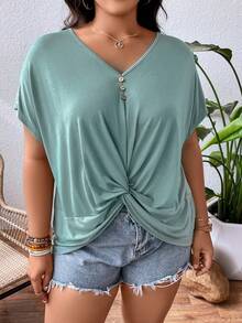 SHEIN LUNE Áo thun Plus size xoắn lại màu trơn Giải trí - màu xanh lá - Xem 4