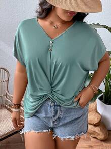 SHEIN LUNE Áo thun Plus size xoắn lại màu trơn Giải trí - màu xanh lá - Xem 5