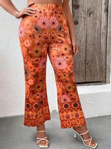 SHEIN SunnyBelle Plus Floral Print Flare Leg Trousers - Orange - View 4