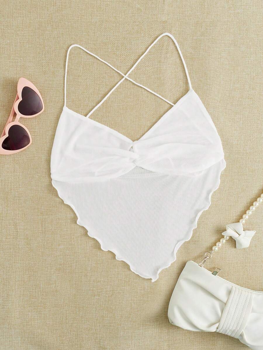 SHEIN EZwear Crisscross Backless Bandana Hem Cami Top - White - View 1
