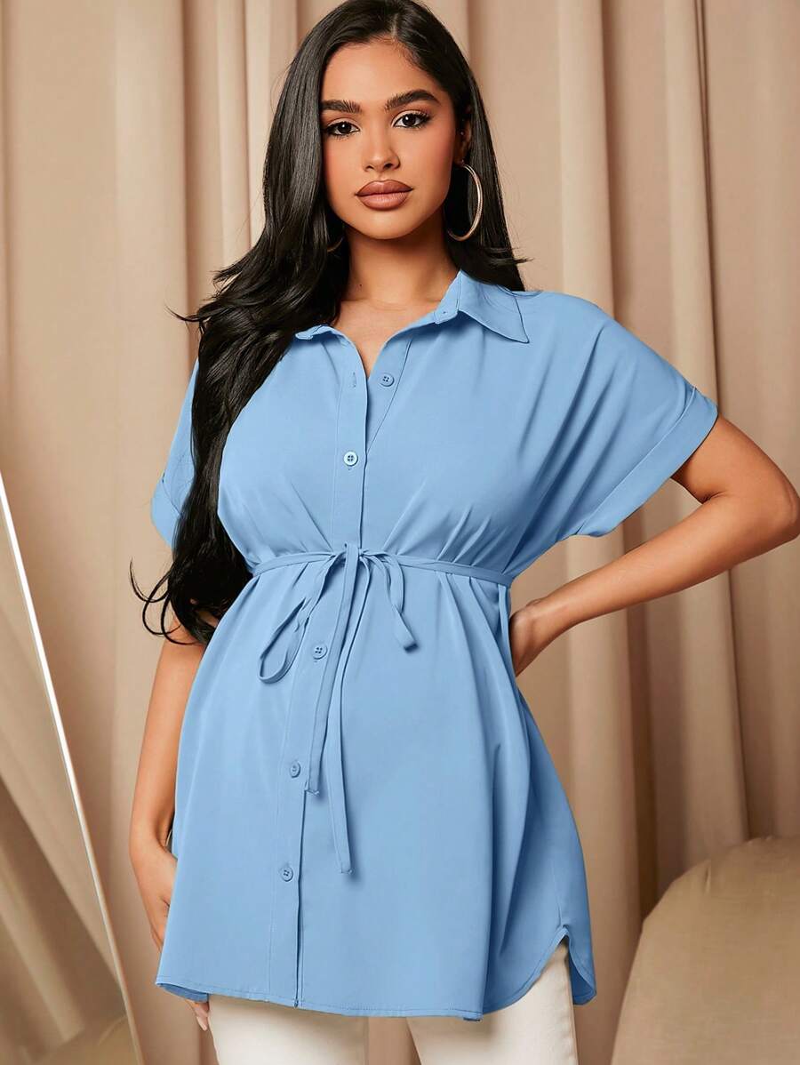 SHEIN 孕婦蝙蝠袖腰帶襯衫