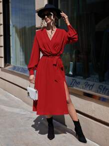 SHEIN Clasi Solid Split Thigh Belted Dress - Red - View 3