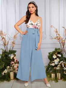 SHEIN Maternidad Mono de tirantes con estampado floral con cinturón - Celeste - Ver 3
