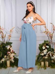 SHEIN Maternidad Mono de tirantes con estampado floral con cinturón - Celeste - Ver 5