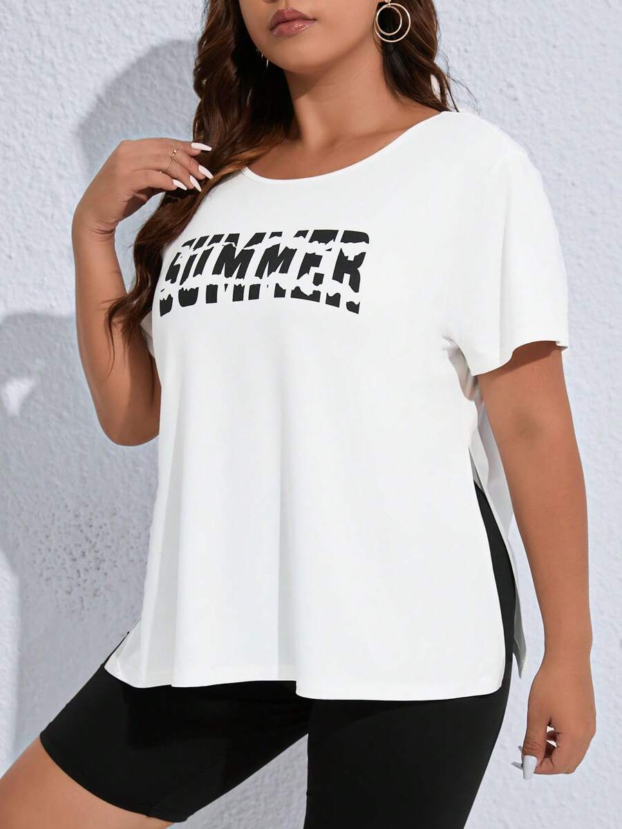 SHEIN LUNE Plus Letter Graphic Split Hem Tee & Biker Shorts - Black and White - View 1
