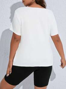 SHEIN LUNE Plus Letter Graphic Split Hem Tee & Biker Shorts - Black and White - View 2