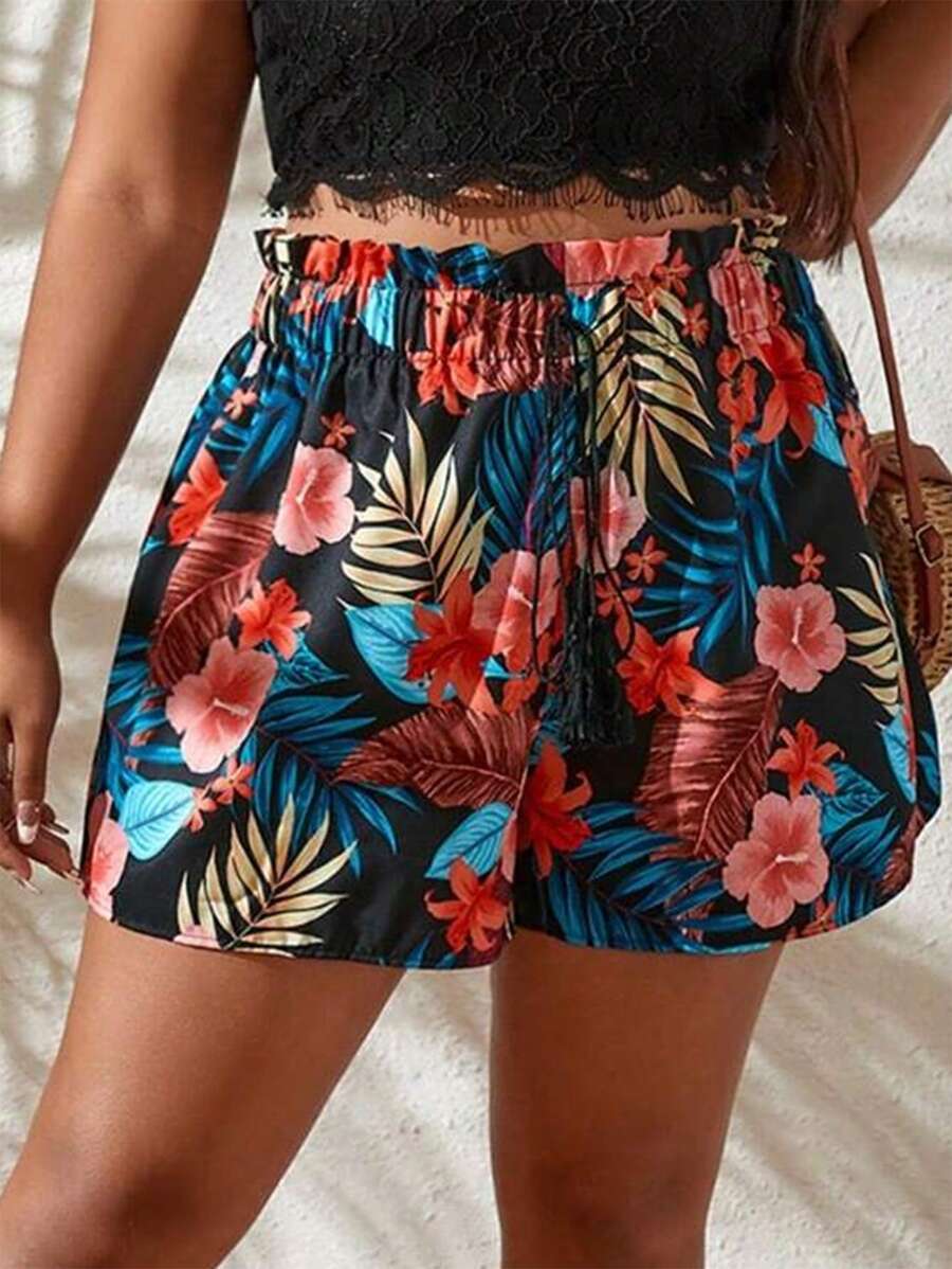 SHEIN VCAY 大碼熱帶圖案紙袋腰短褲 - 彩色 - 查看 1