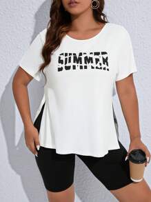 SHEIN LUNE Plus Letter Graphic Split Hem Tee & Biker Shorts - Black and White - View 4