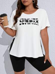 SHEIN LUNE Plus Letter Graphic Split Hem Tee & Biker Shorts - Black and White - View 6