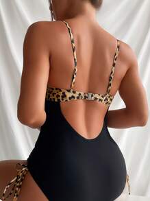 豹紋印花側抽繩連體泳衣 - 卡其色 - 查看 2