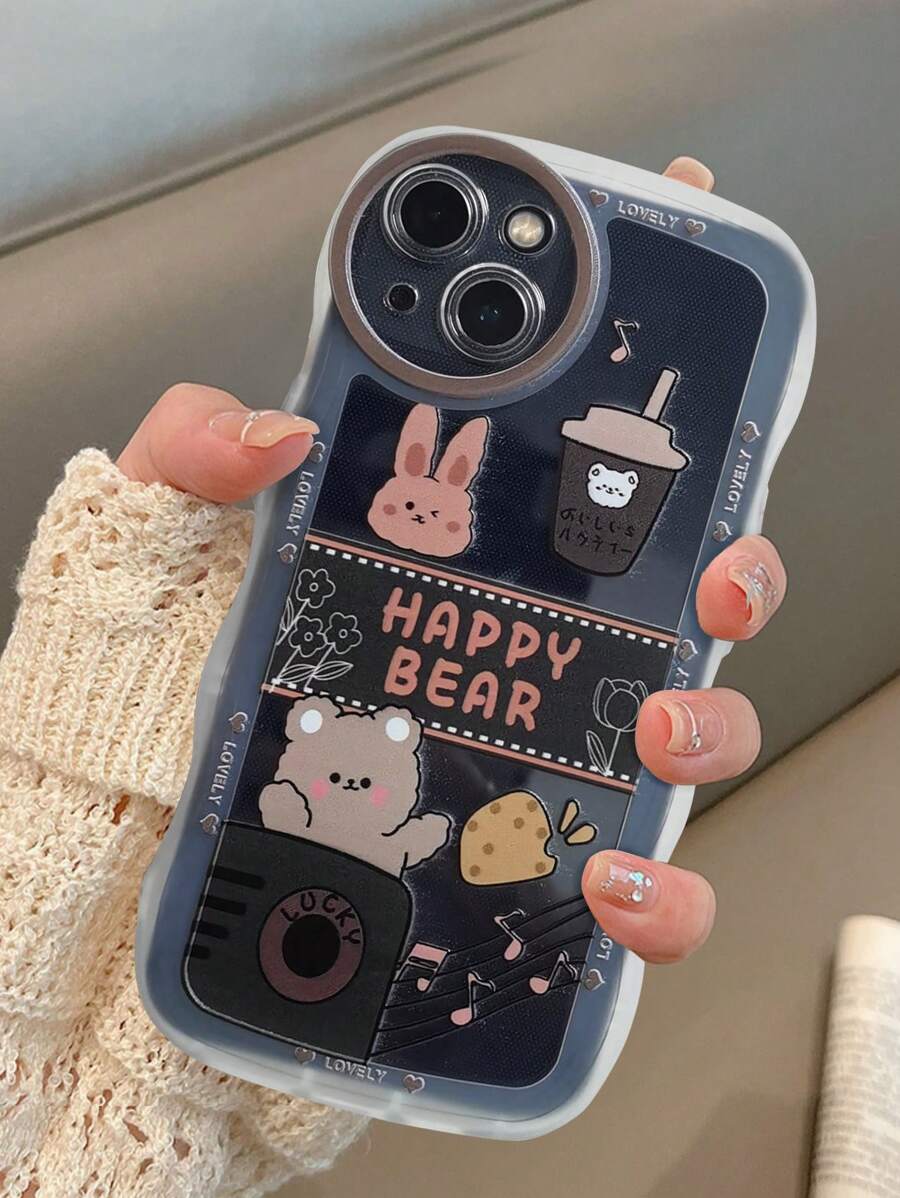 Cartoon Bear & Rabbit Print Phone Case - Multicolor - View 1