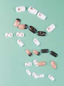 24入組短款方形熊圖案全套膠片式假指甲套裝，按壓式假指甲，美甲工具 - 彩色 - 查看 2