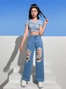 SHEIN Bé Gái Quần Jeans Nút Dây kéo Túi Bị tách màu trơn - Rửa trung bình - Xem 1