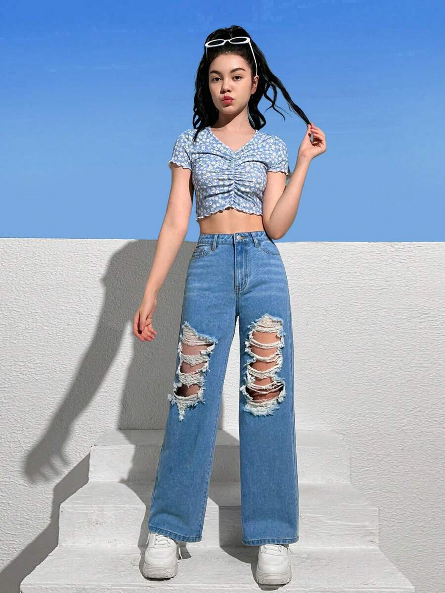 SHEIN Bé Gái Quần Jeans Nút Dây kéo Túi Bị tách màu trơn - Rửa trung bình - Xem 1