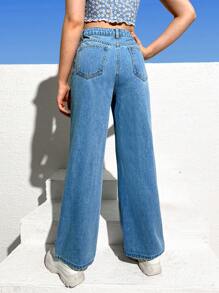 SHEIN Bé Gái Quần Jeans Nút Dây kéo Túi Bị tách màu trơn - Rửa trung bình - Xem 2