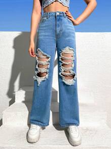 SHEIN Bé Gái Quần Jeans Nút Dây kéo Túi Bị tách màu trơn - Rửa trung bình - Xem 4