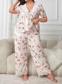 大碼印花蕾絲拼接睡衣套裝 - 彩色 - 查看 3