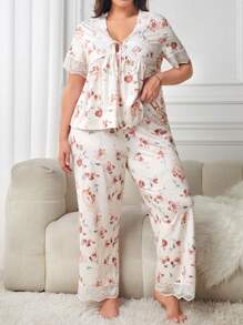 大碼印花蕾絲拼接睡衣套裝 - 彩色 - 查看 4