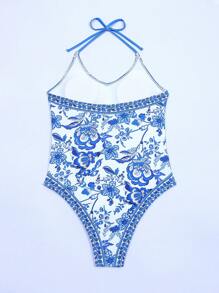 SHEIN Swim Summer Beach Floral Print Tie Shoulder One Piece Swimsuit