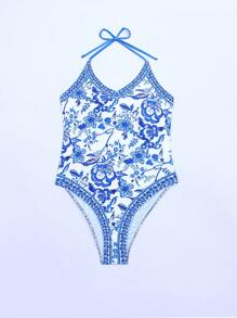 SHEIN Swim Summer Beach Floral Print Tie Shoulder One Piece Swimsuit