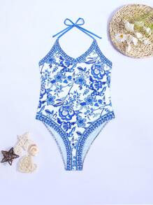 SHEIN Swim Summer Beach Floral Print Tie Shoulder One Piece Swimsuit