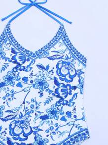 SHEIN Swim Summer Beach Floral Print Tie Shoulder One Piece Swimsuit