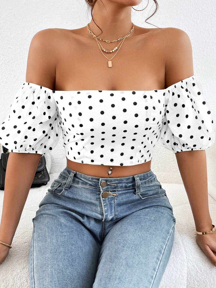 SHEIN Privé 波卡圓點一字肩短款襯衫 - 白色 - 查看 1