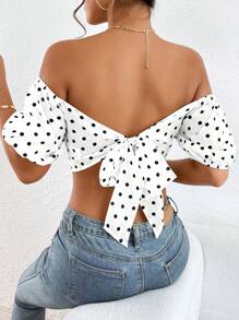 SHEIN Privé 波卡圓點一字肩短款襯衫 - 白色 - 查看 2