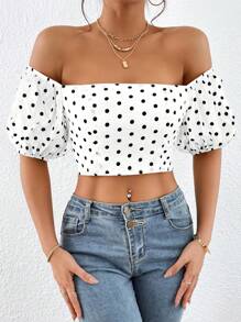 SHEIN Privé 波卡圓點一字肩短款襯衫 - 白色 - 查看 3