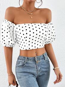 SHEIN Privé 波卡圓點一字肩短款襯衫 - 白色 - 查看 5