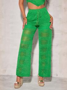 SHEIN BAE 腰部抽繩流蘇前繫帶闊腿褲 - 綠色 - 查看 1
