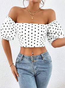 SHEIN Privé 波卡圓點一字肩短款襯衫 - 白色 - 查看 6