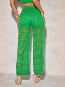 SHEIN BAE 腰部抽繩流蘇前繫帶闊腿褲 - 綠色 - 查看 2
