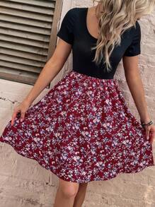 SHEIN LUNE Ditsy Floral Print A-line Dress - Red - View 3