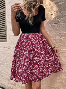 SHEIN LUNE Ditsy Floral Print A-line Dress - Red - View 5