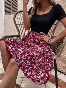 SHEIN LUNE Ditsy Floral Print A-line Dress - Red - View 6