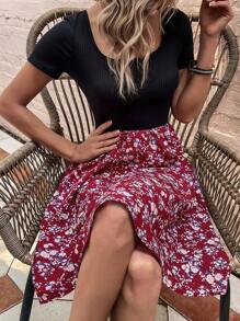 SHEIN LUNE Ditsy Floral Print A-line Dress - Red - View 7